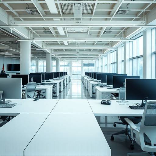 Espacio de trabajo abierto con escritorios individuales y computadoras de &uuml;ltima generaci&oacute;n