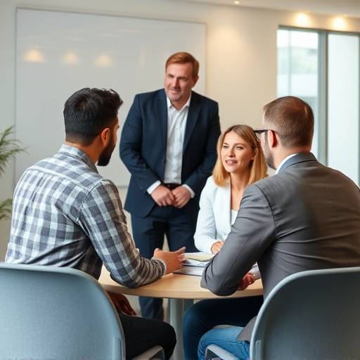 Grupo de personas participando en una sesi&oacute;n de mentoring empresarial liderada por un consultor
